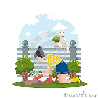 Vector cartoon illustration on the theme of gardening, gardener, agriculture, outdoors, warm season. Woman plants seedlings in the Cartoon Illustration